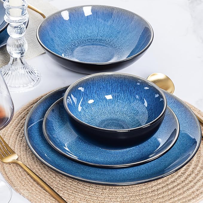 Plates and Bowls Sets for 4 - CJDC-QUELO 12-Piece Stoneware Dinnerware Sets, Ceramic Dishware Set for Kitchen Use and Formal Dining, Chip and Scratch Resistant Microwave Dishwasher Safe, Blue