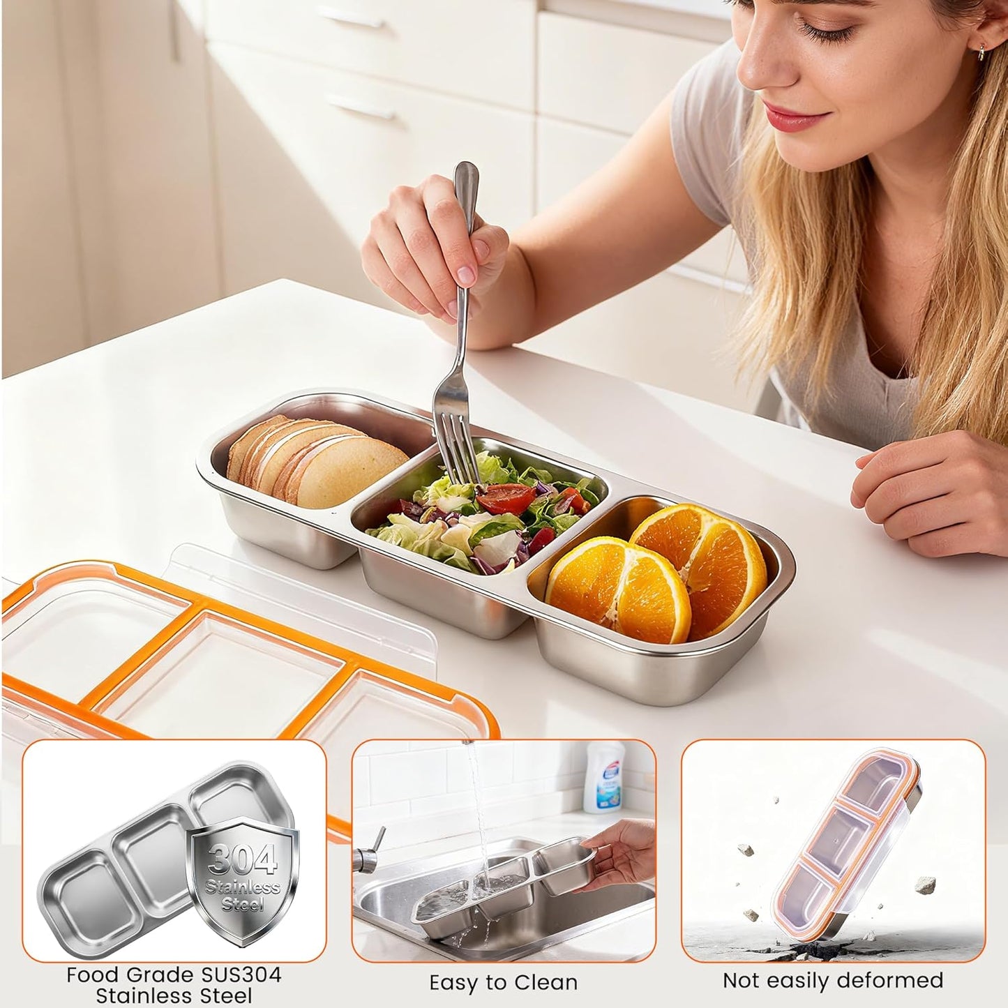 Bandesun Stainless Steel Snack Containers for kids, Leak Proof 3 Compartment Food Storage Containers with Lids, Reusable Stackable Lunch Box for Travel, School, Home, Travel 1Pack