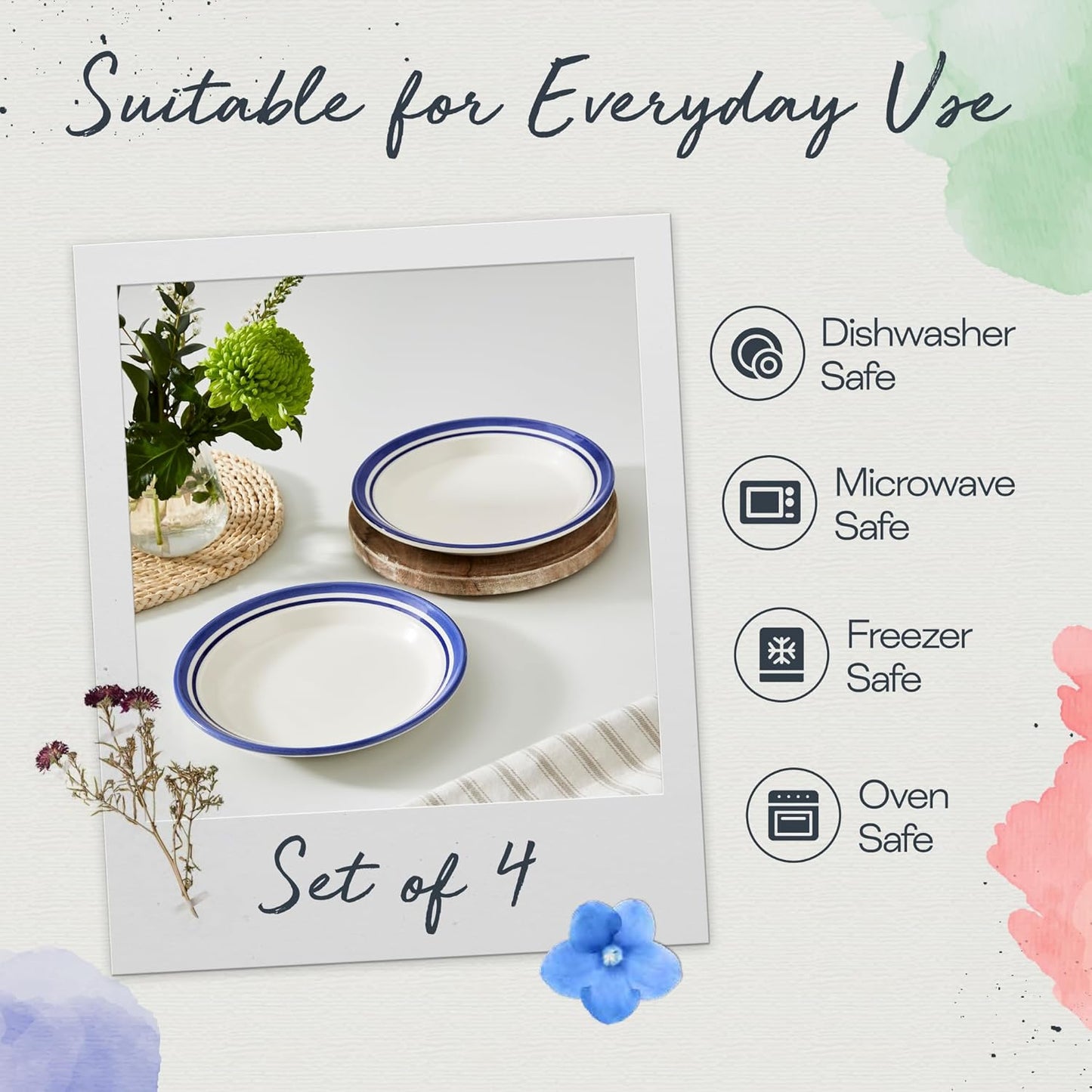 Portmeirion Potter's Stripe Salad Plate (Set of 4) - 8" Earthenware Plates with Classic Striped Rim - Microwave, Dishwasher, Freezer, Oven Safe - Ideal Modern Dinnerware Set (Blue Stripe)