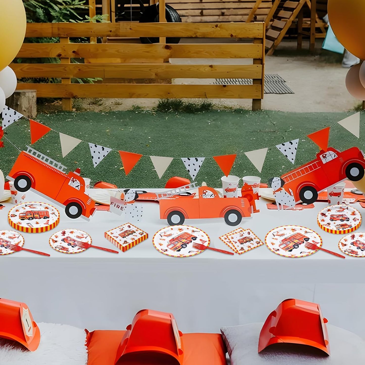 96 Pcs Firetruck Tableware Set – Disposable Firefighter Theme Dinnerware with Paper Plates, Napkins, and Red Forks for Kids Boys Birthday Party Decorations – Serves 24