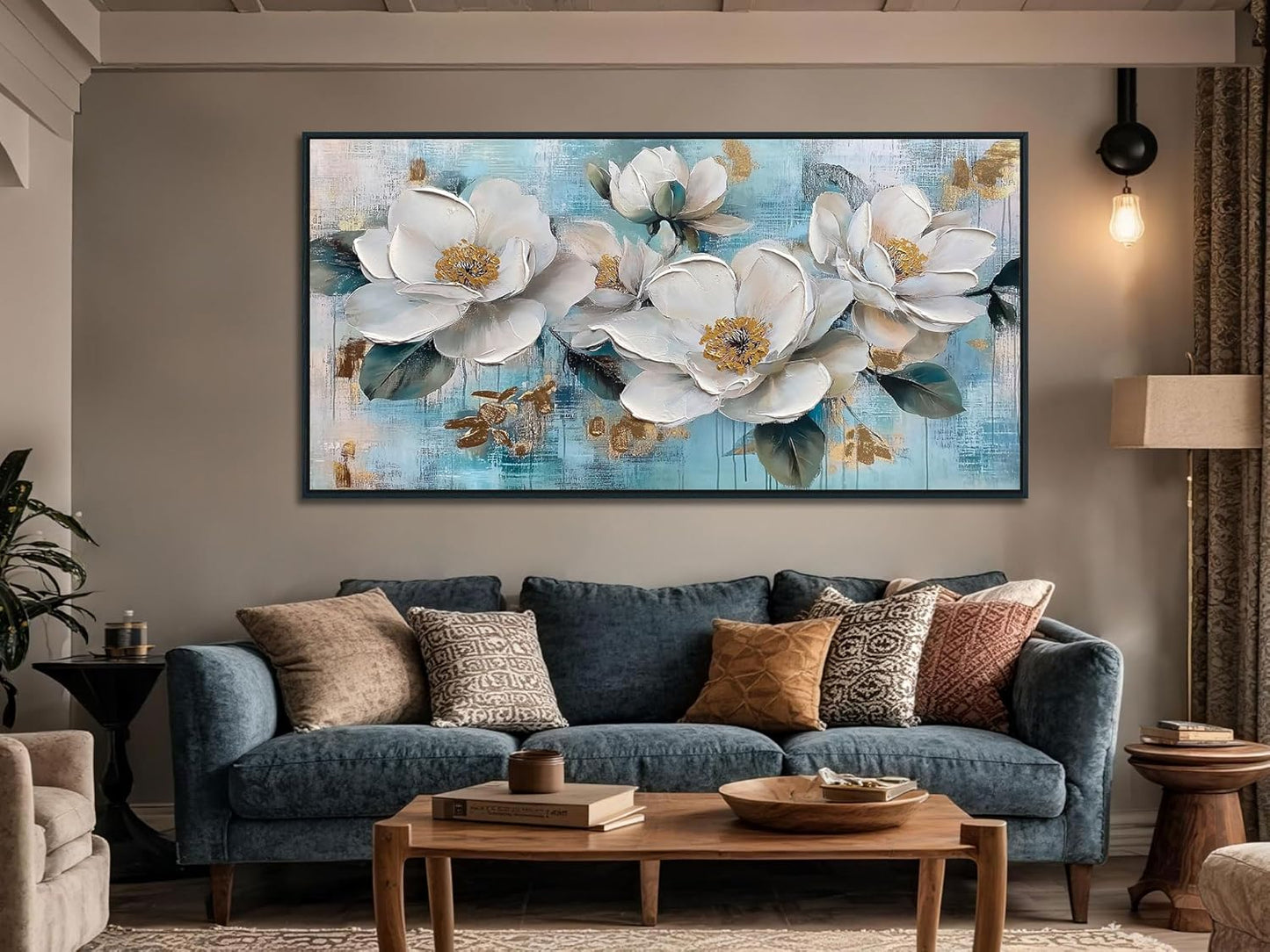 Ardemy White Floral Wall Art, Framed Canvas Wall Art For Living Room Large Teal Pictures Wall Decor Flower Paintings Artwork for Walls Dining Room Bedroom Home Office 58"x29"