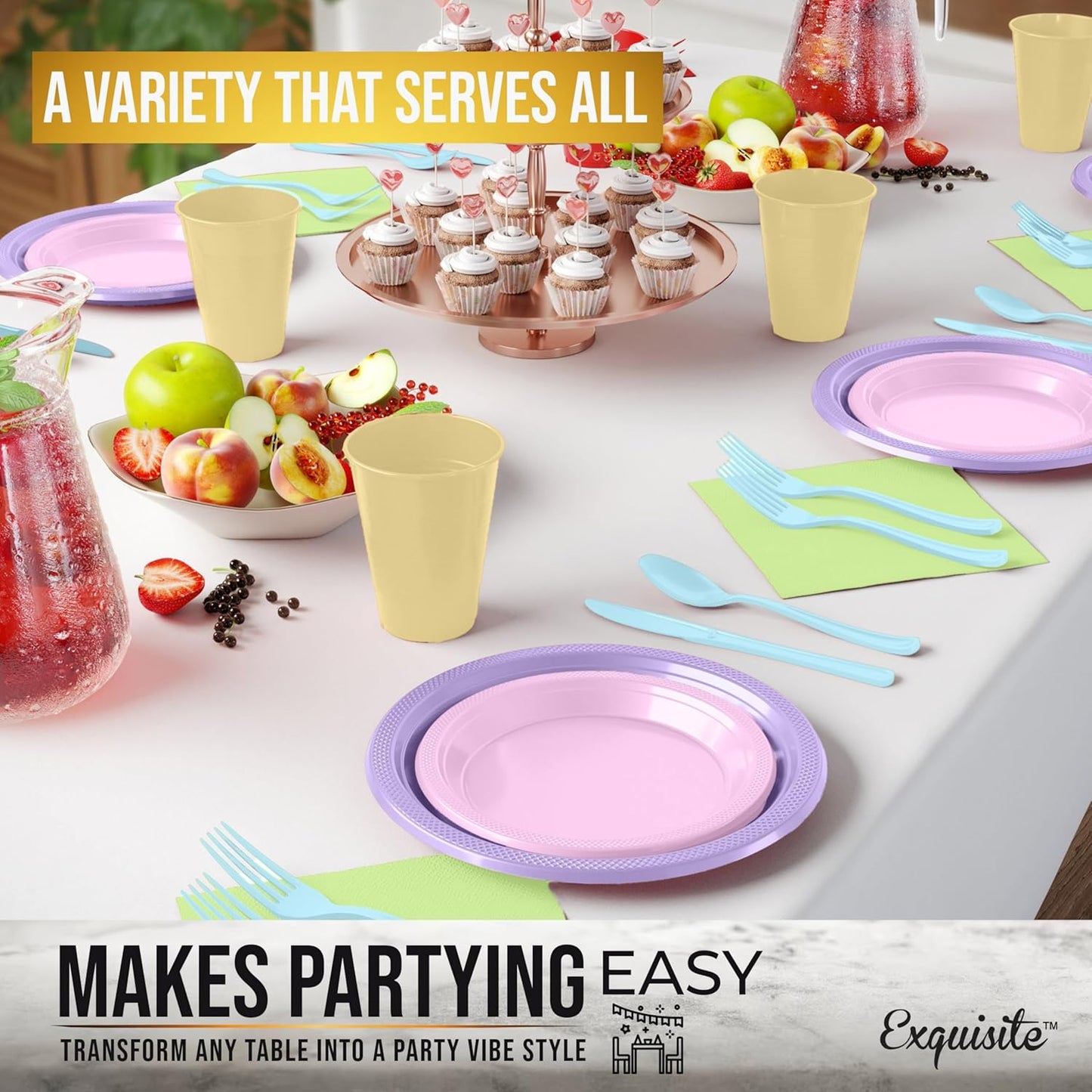Party Solids 350 Pieces Easter Plates For Party, Easter Disposable Plates Set, 50 Of Each 9" Dinner Plate Set, 7" Dessert Plate, Cups, Napkins & Cutlery Plastic Dinnerware