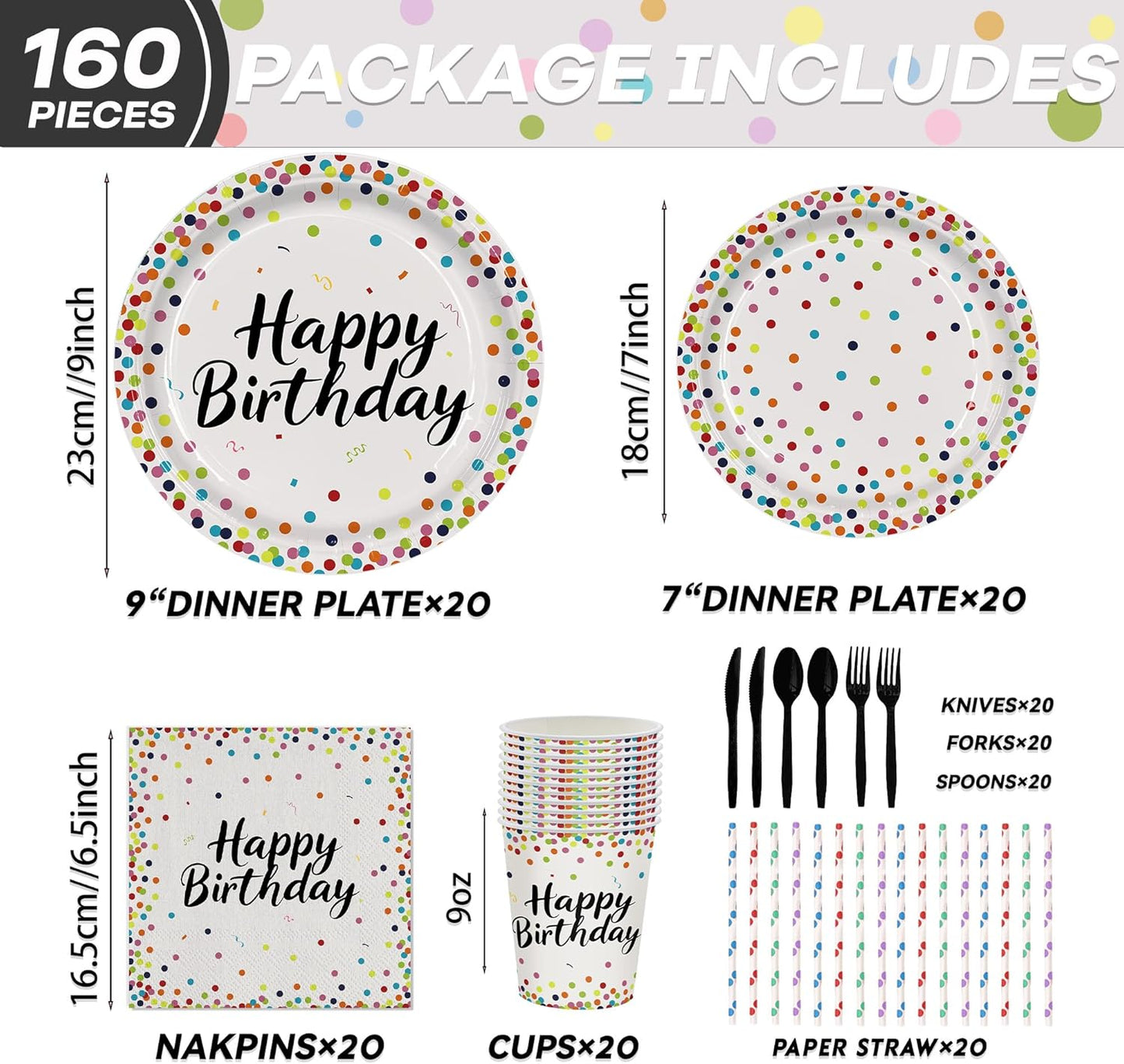 161CT Polka Dot Birthday Party supplies Dinnerware, Include Paper Plates Cups Straws Cutlery, Beige Kitchen Dining Table Decoration for Baby shower, Birthday Party Decor