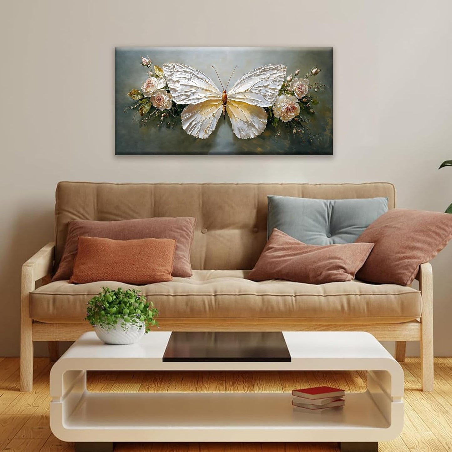 Modern Abstract Artwork White Simple Butterfly And Rose Wall Art Decor Canvas Prints Art Work For Wall Decor For Bedroom Living Room Apartment Kitchen Bathroom Office 20x40 Inch