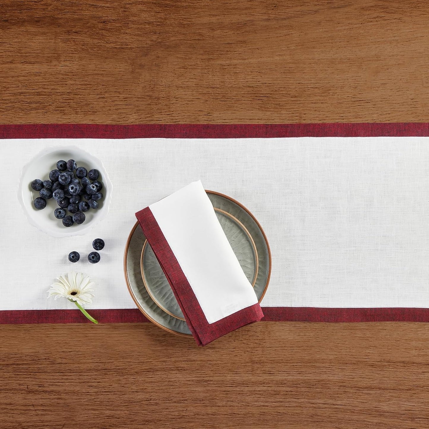 Solino Home Linen Table Runner 36 Inches - 100% Pure Linen Red Garnet and White Small Table Runner 14 x 36 Inch Ideal for Dresser and Coffee Tables - Fall, Thanksgiving, Christmas, Holiday - Classic