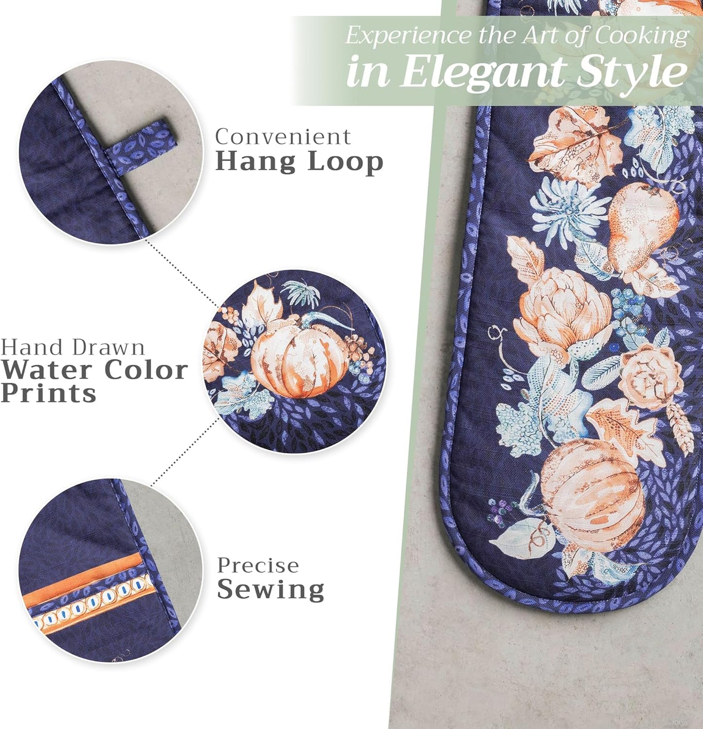 Maison d' Hermine Double Oven Mitt (7" x 35") 100% Cotton Heat Resistant BBQ Cooking Gloves with Loop for Thanksgiving Christmas Decorations Baking Cooking Barbeque Handling Hot Pan (Pumpkin Blues)