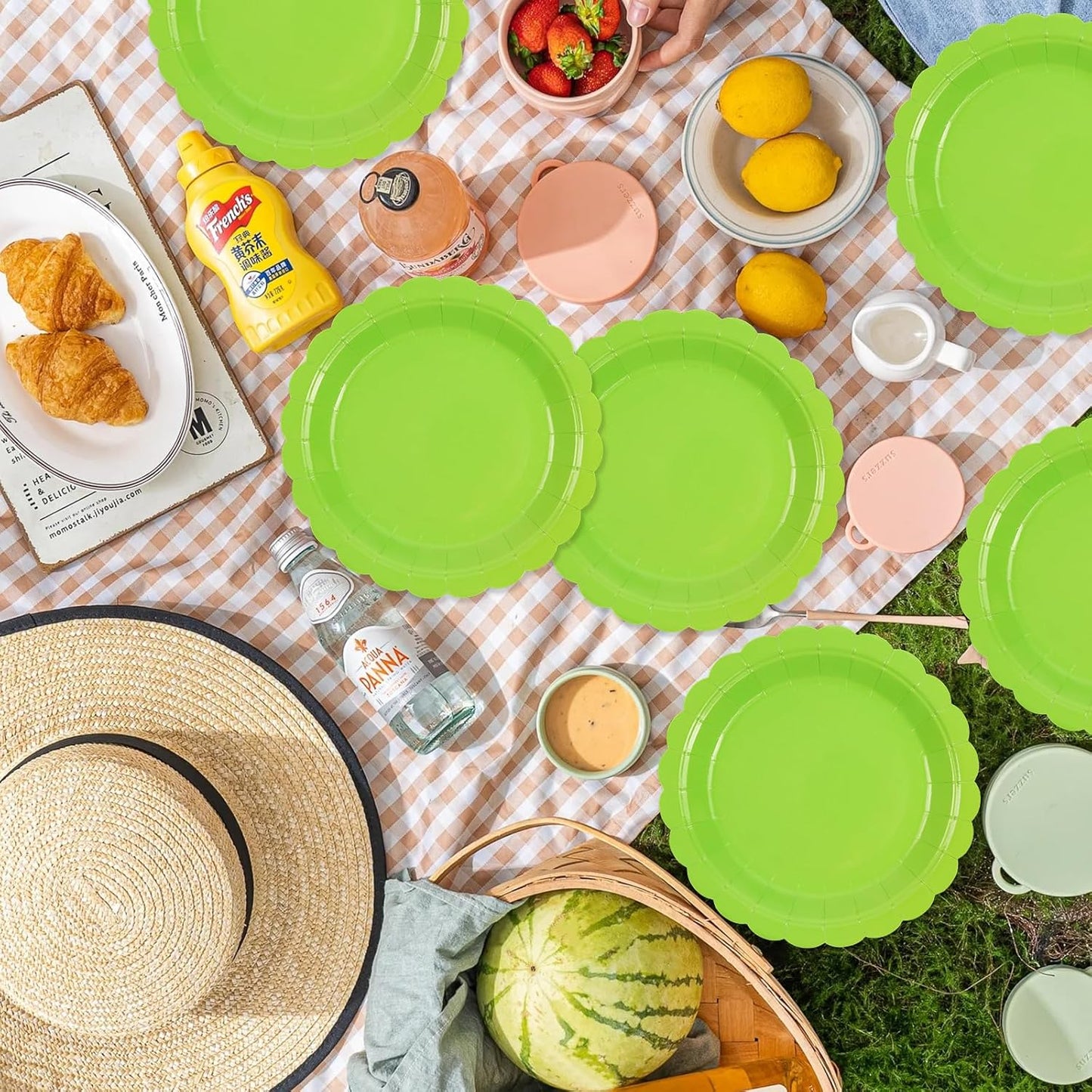 50Pcs Bright Green Paper Plates-7 Inch Solid Color Scalloped Design Birthday Dinnerware Set Disposable Dinner Party Supplies for Wedding Baby Shower Table Decor Pininc Fall Party Decor