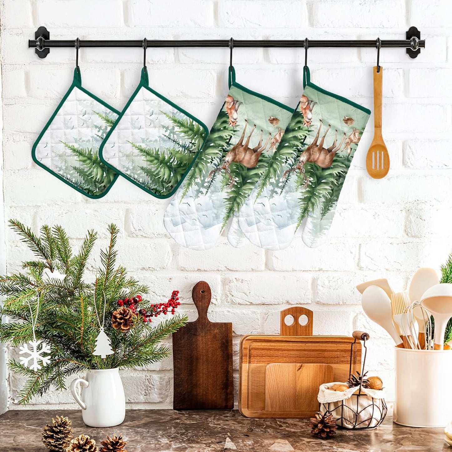 Woodland Deer Oven Mitts and Pot Holders Sets 4Pcs, 100% Cotton Heat Resistant, Extra Long Oven Gloves Potholder for Kitchen Cooking Baking Decoration