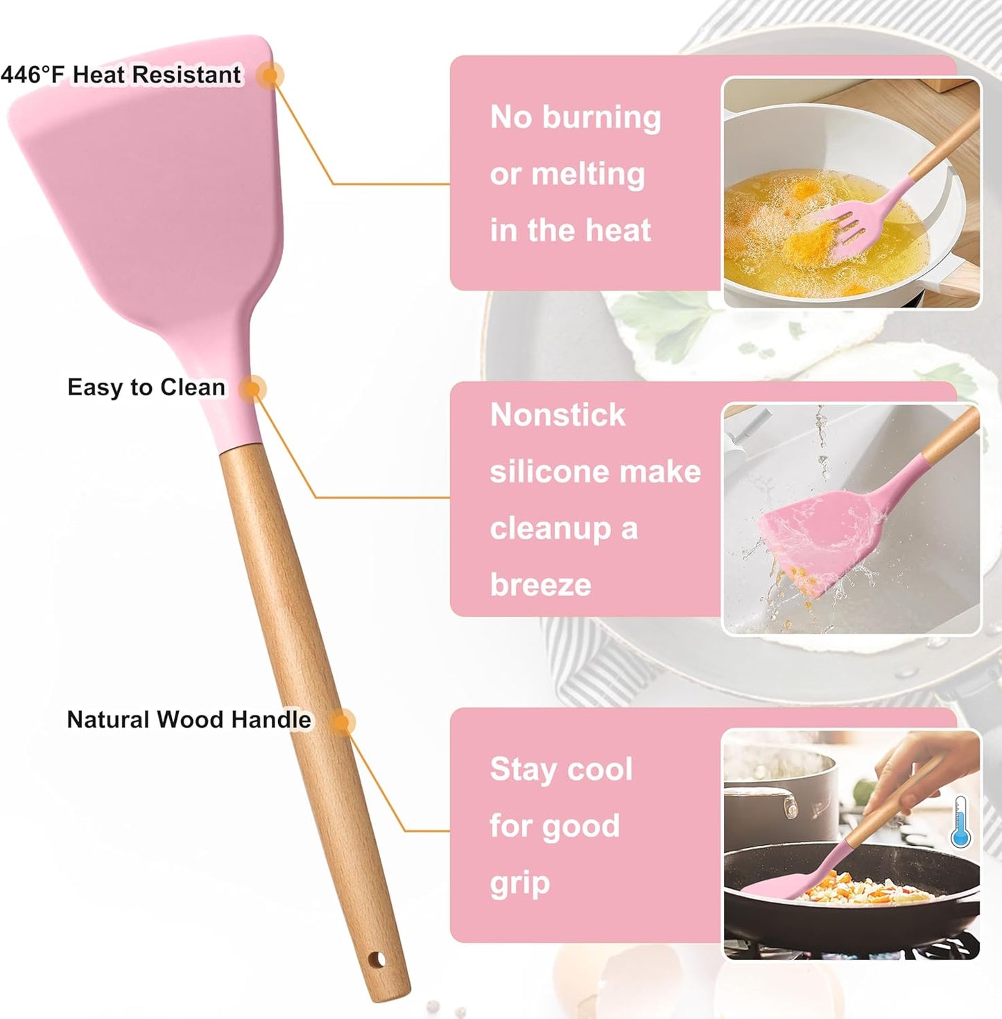 E-far Silicone Cooking Utensils Set, 10-Piece Kitchen Utensils Set with Wooden Handle for Cooking, Non-toxic Silicone Kitchen Nonstick Tools Spatula Whisk Tongs Ladle, Heat Resistant & Health, Pink
