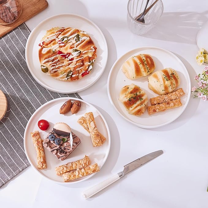 AntoKueh White Porcelain Flat Dessert Plates Set of 6, 8.2 Inch Ceramic Dishes with High Edge for Kitchen, Appetizer, salad, Dishwasher/Microwave safe