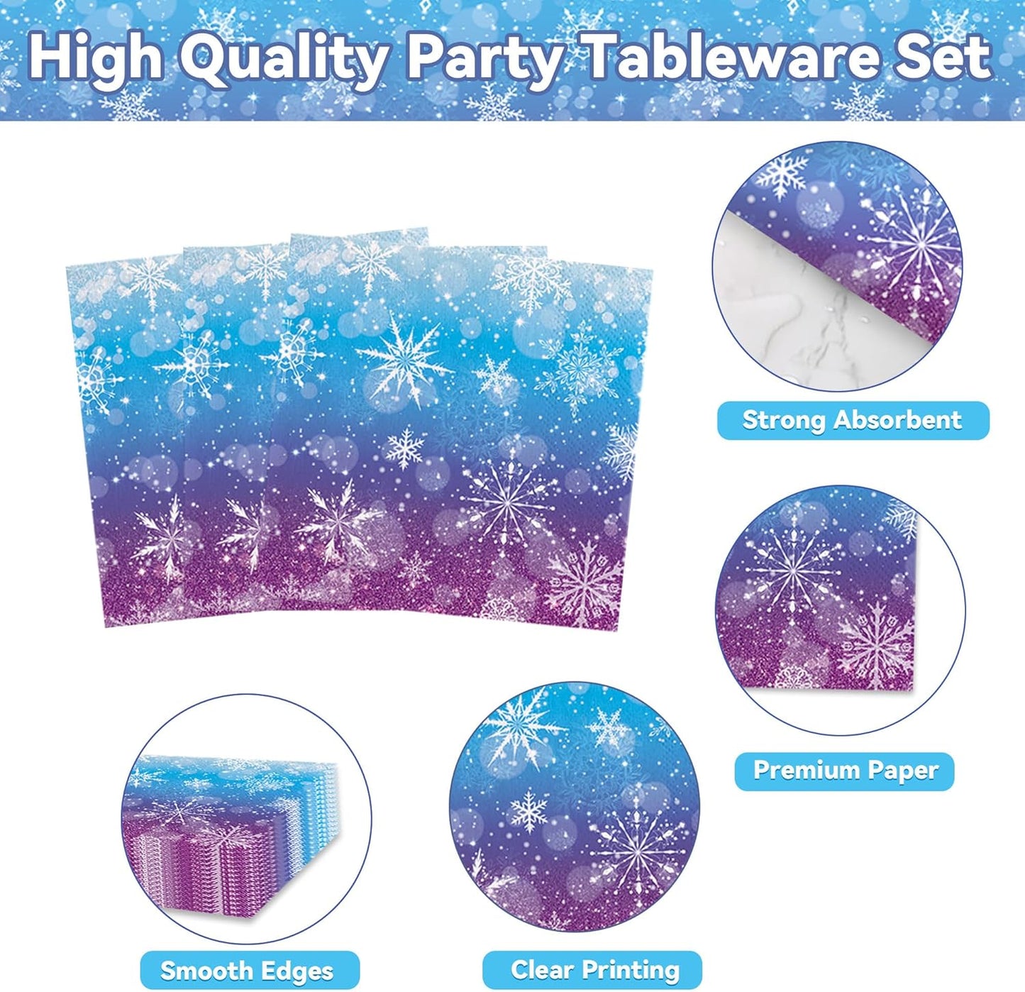 Magical Frozen Wonderland Party Dinnerware Kit - 161 Blue Purple Winter Snowflake Birthday Supplies Decor for Kids - Premium Dinner&Dessert Plates Cutlery Napkins Straws Cups Tablecloth for 20 Guests