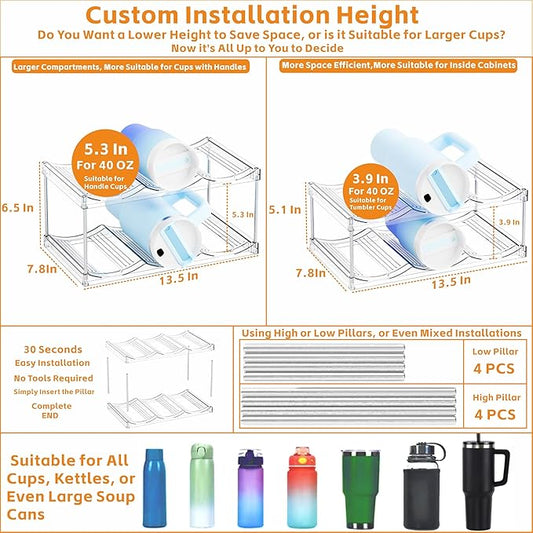 Yieach Stackable Water Bottle Organizer for Stanley,Yeti 40 oz and Others Tumbler Organizer,2 Tier Waterbottle Storage Rack,Clear Acrylic Cup Organizers for Kitchen Cabinets,Countertop,Pantry Shelf