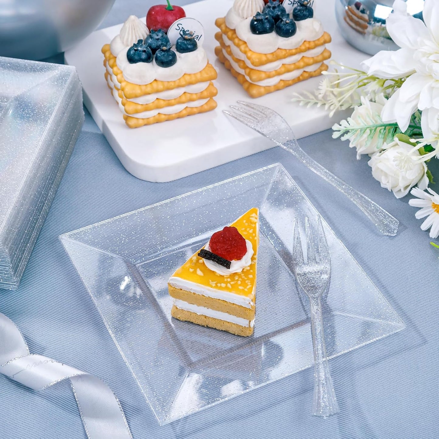 DaYammi 100Pcs Silver Dessert Plates Including 50Pcs Appetizer Plates 6",50Pcs Plastic Forks 5.7",Silver Glitter Plastic Square plate for Wedding,silver Salad plates and Cake Forks for Birthday Party
