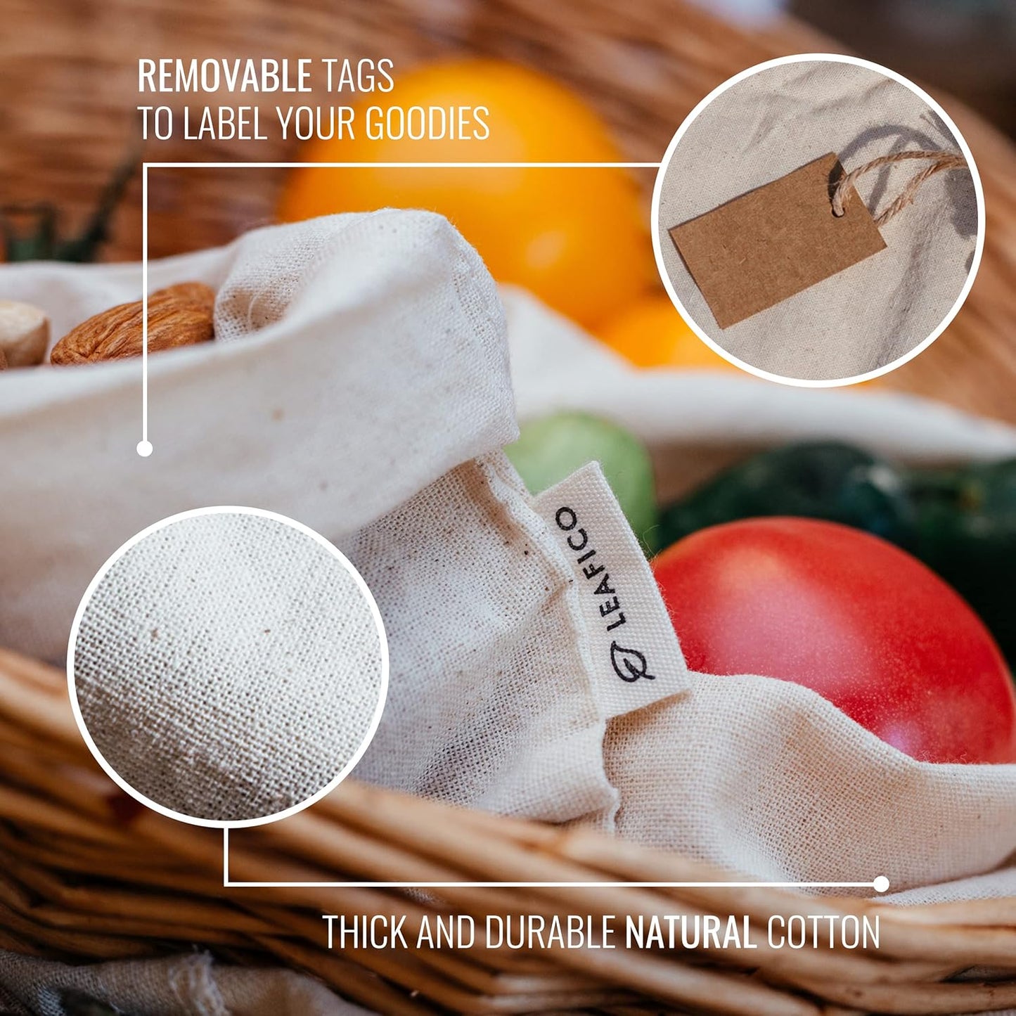 LEAFICO Multipurpose Eco Cloth Bags - Large 10x12 Inch (12 Pack) - Cotton Produce Storage Sacks - Muslin Drawstring Pouches for Vegetables - Bread Bags - Linen Fabric Sachets