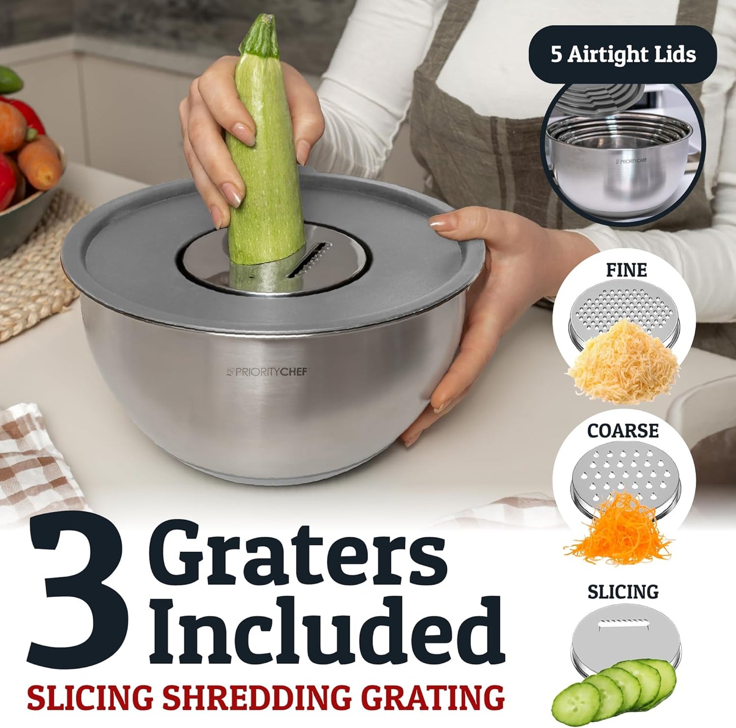 Priority Chef Stainless Steel Mixing Bowls with Lids Set, Metal Nesting Bowls with Airtight Lids, Graters, Non-Slip Base & Measurement Marks, Includes Utensil Set for Prep, Baking & Storage, Grey