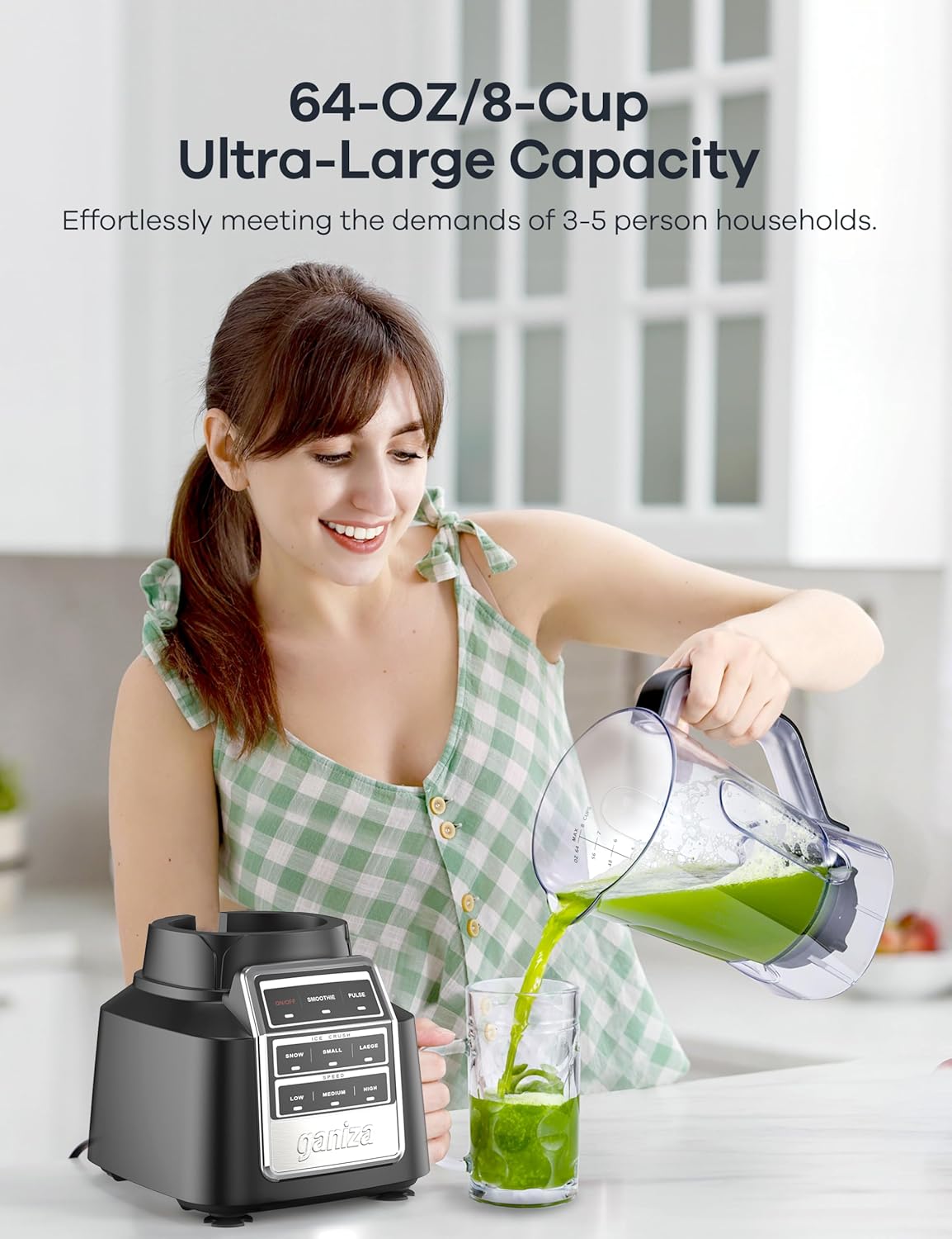 Ganiza Professional Smoothie Blender, Blenders for Smoothies with 1800 Peak Watts & 8 Auto Programs for Frozen Fruits & Ice, 64-oz Large Blender for Shakes and Smoothies (Black)