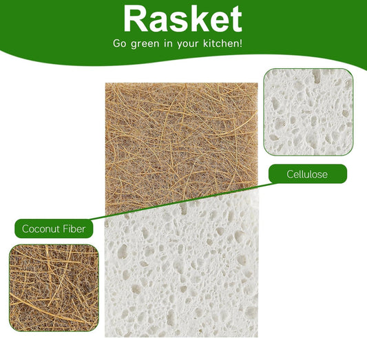 10 Pack Biodegradable Natural Sponges Kitchen - Compostable Cellulose and Coconut Walnut Scrubber Sponge - Eco Friendly Sponges for Dishes