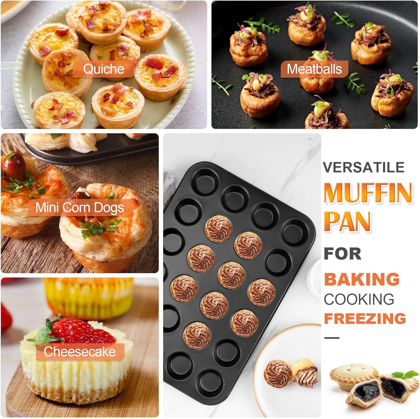 E-far 2 Pack Mini Muffin Pan - Nonstick 24-Cup Carbon Steel Cupcake Tin Tray for Little Bites & Freezer Prep | Warp-Free Bakeware Ensures Even Baking & Effortless Release, Regular Size & Oven Safe