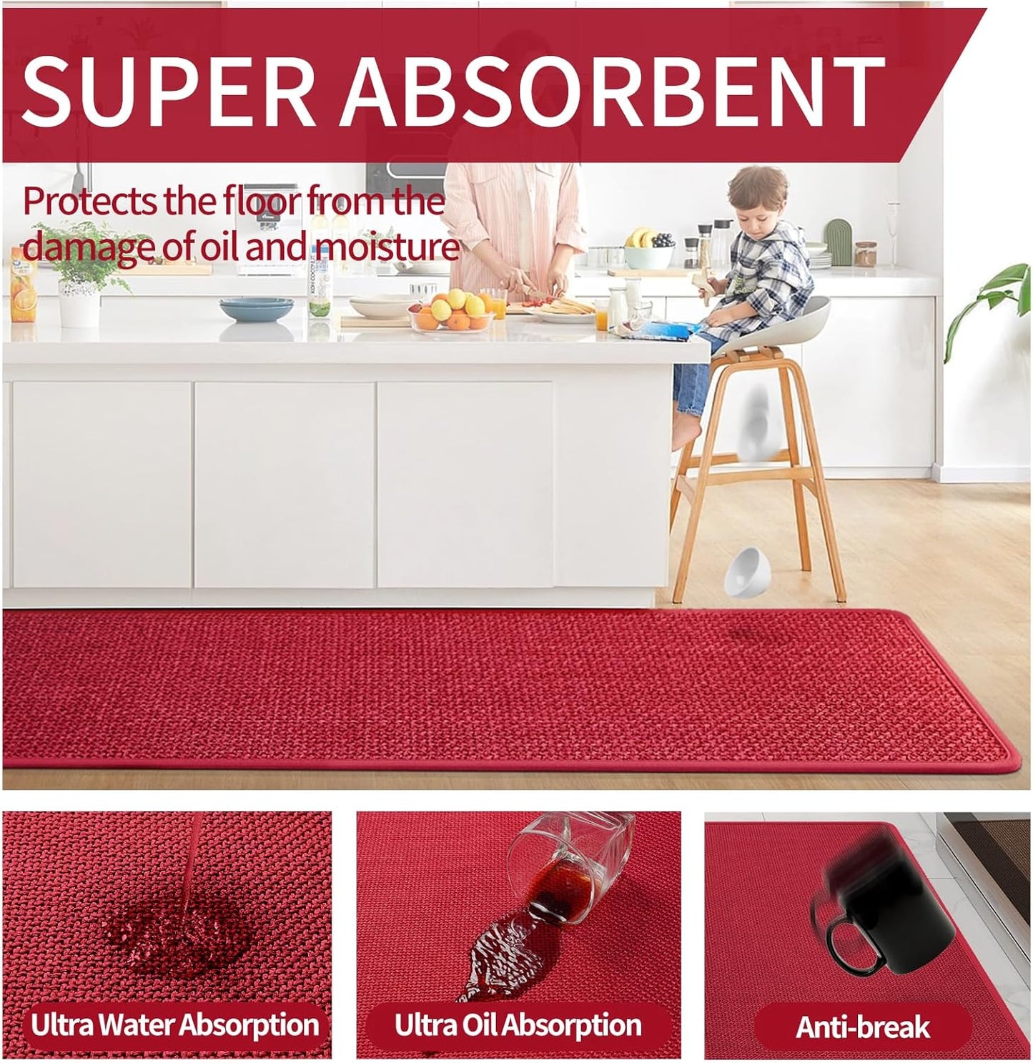 Kitchen Mats for Floor, Super Absorbent Kitchen Rugs Non Slip Washable, Soft Imitation Linen Braided Kitchen Runner Rug, Standing Mat Kitchens Sink Mat, Easy to Clean, Red 17x95