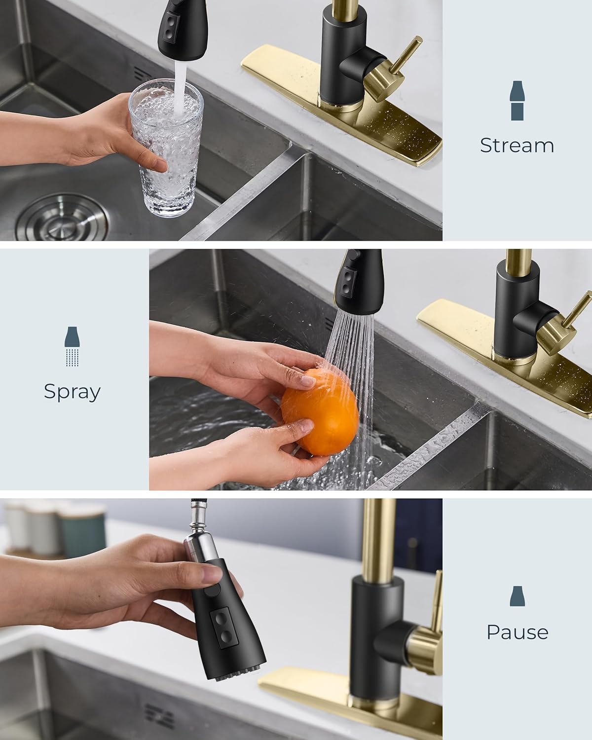 FORIOUS Kitchen Faucets with Soap Dispenser and Pull Down Sprayer, Bar High Arc Single Handle Classic 3 Modes Stainless Steel Faucet for Kitchen Sink Farmhouse RV Laundry Camper, Black Gold