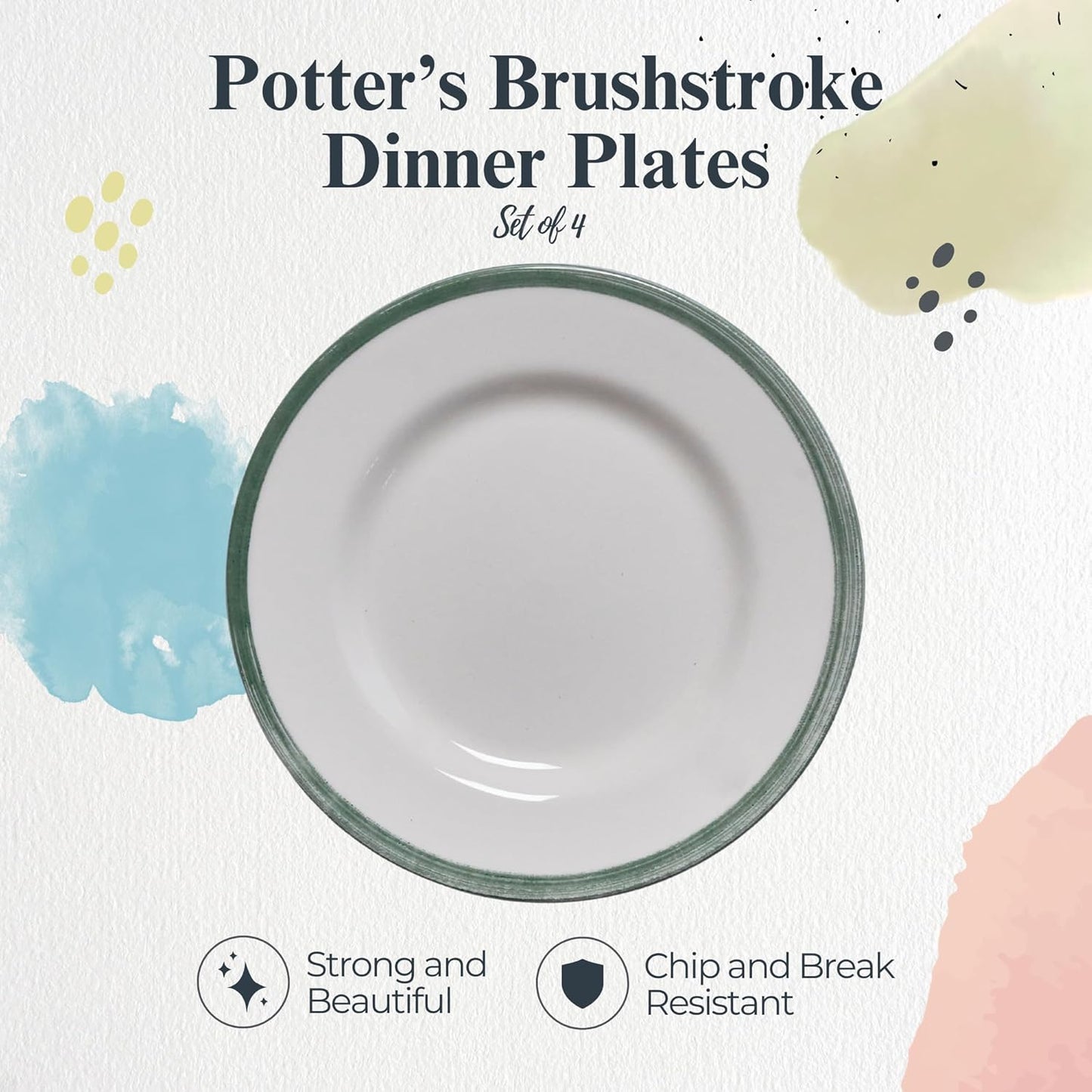 Portmeirion Potter's Brushstroke Dinner Plate (Set of 4) - 10.5-Inch Stackable Earthenware Plates - Microwave & Dishwasher Safe, Handcrafted Dinnerware for Casual & Formal Table Settings (Green)