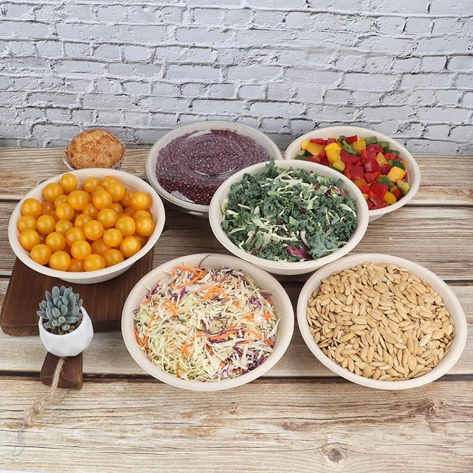 32 oz Disposable salad bowls with lids, Sugarcane Fiber Paper Bowls take away food containers Plant Fibers Freezer Safe 50 Pack