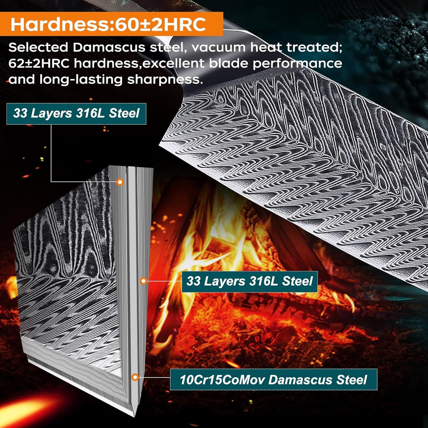 FINDKING Nebula Series Chef Knife with ABS Sheath, Multipurpose Japanese Gyuto Knife, 10Cr15CoMov Damascus Steel Blade, Resin and Figured Sycamore wood Handle, Full Tang, 8 Inch, Blue, for Meat