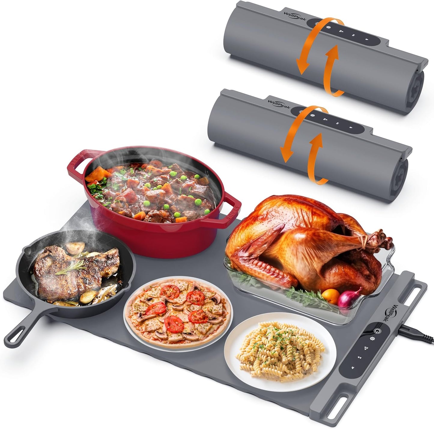 Electric Warming Mat for Food (2-Pack)- Full Surface Fast Heating Silicone Warmer Tray with 3-Level Temperature, Auto-Off, Raised Feet for Table Protection for Gatherings, Parties, Home Buffets, Gray