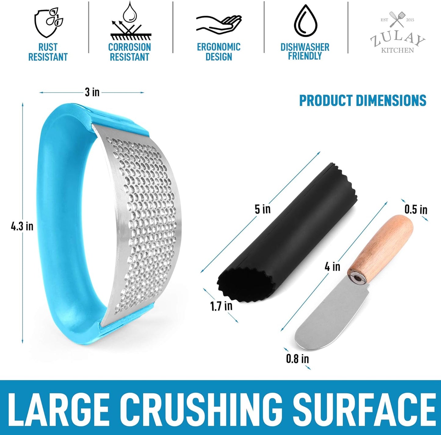 Zulay Kitchen Stainless Steel Garlic Press Rocker Set - Premium Garlic Mincer Garlic Crusher - New Innovative Garlic Crusher with Peeler and Scraper - Comfortable Grip (Blue)