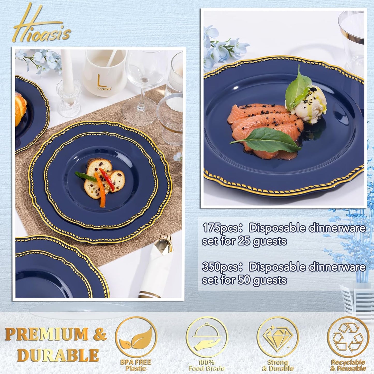 Hioasis 175pcs Blue Gold Plastic Plates - Gold Plastic Dinnerware Set Includes 25 Dinner Plates, 25 Dessert Dinnerware, 25 Cups, 25 Napkins Perfect for Wedding & Party