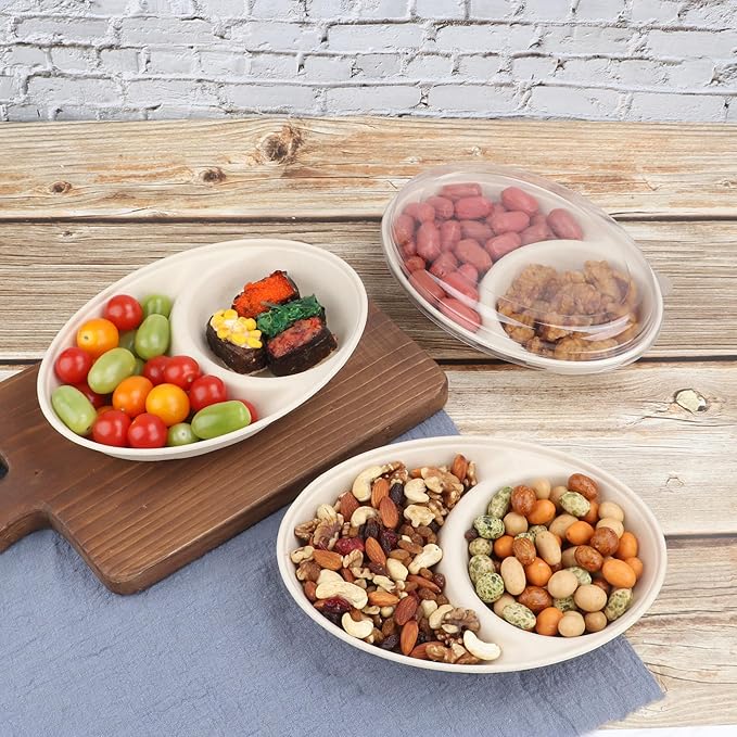 24 oz Oval Disposable bowls with lids,Sugarcane Salad Bowls 2 compartments take away food containers Plant Fibers 50 Pack