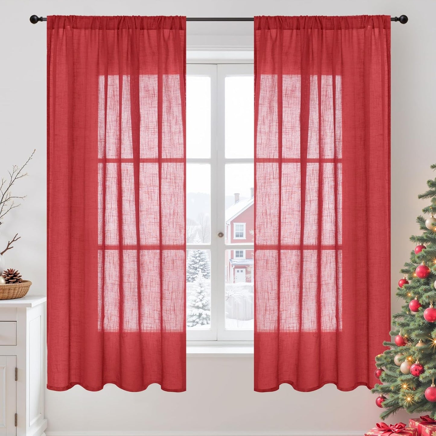 BGment Red Linen Curtains 63 Inches Long for Living Room, Semi Sheer Window Drapes Lightweight Rustic Country Textured Rod Pocket Christmas Decor for Dining Bedroom, 2 Panels Set, Each 42 Inch Wide
