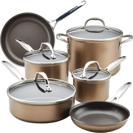 Anolon Ascend Hard Anodized Nonstick Cookware/Pots and Pans Set - Good for All Stovetops (Gas, Glass Top, Electric & Induction), Dishwasher & Oven Safe with Stainless Steel Handles, 10 Piece - Bronze