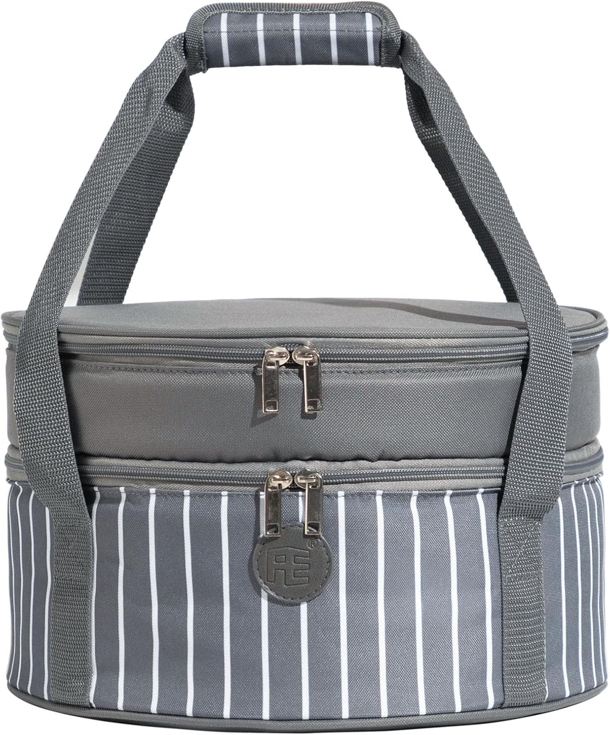 Fun Elements Insulated Casserole Carrier for Hot or Cold Food, 12.5 Inch Pie Carrier with Lid and Handle, Round Food Container for Transport, Grey