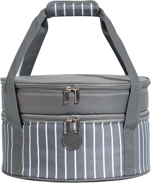 Fun Elements Insulated Casserole Carrier for Hot or Cold Food, 12.5 Inch Pie Carrier with Lid and Handle, Round Food Container for Transport, Grey
