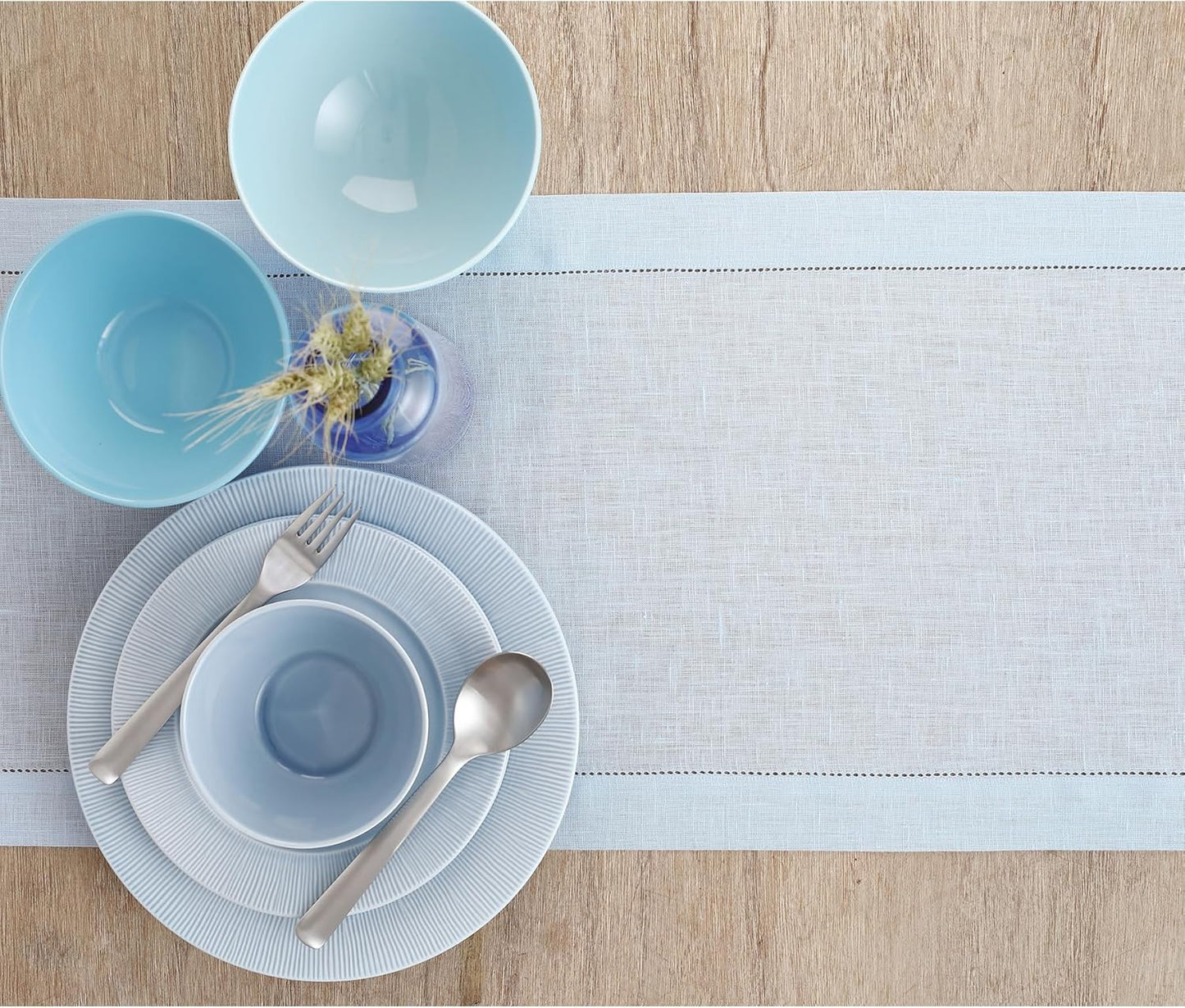 Solino Home Linen Light Blue Table Runner 144 Inches Long - 100% Pure Linen Extra Long Table Runner 14 x 144 Inch - Classic Hemstitch