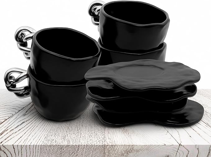 EmaRosa Ceramic Tea Cup Set with Silver Handle – Black Faceted Teacup and Saucer Set of 4 – Elegant Mugs Set of 4 for Coffee or Tea – Luxury Gift Box