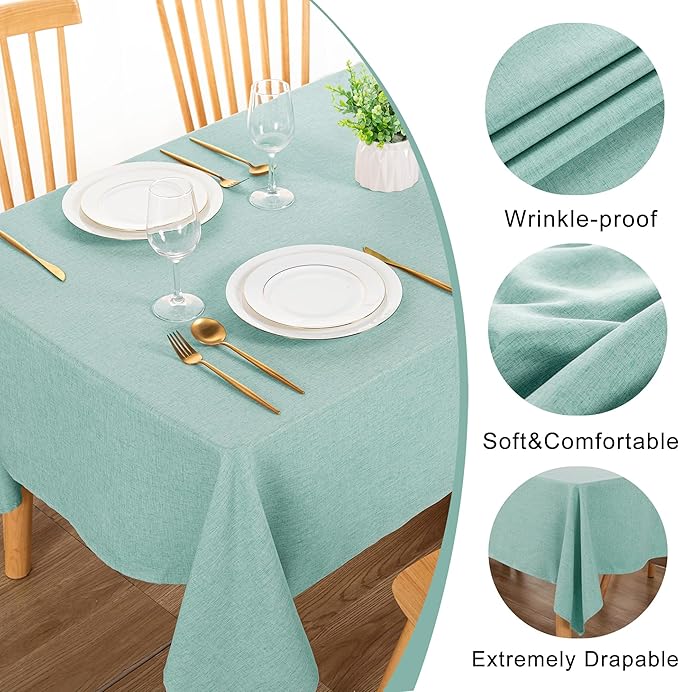 DWCN Rectangle Faux Linen Tablecloth - Textured Waterproof Spill-Proof Wrinkle and Stain Resistant Table Cloth Decorative Fabric Farmhouse Table Cover for Kitchen Dining Party, 60 x 120 Inch, Aqua