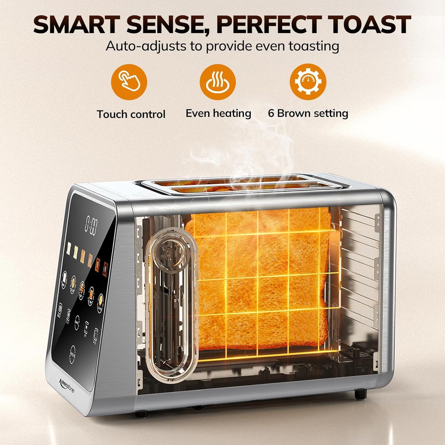 Keenstone Toaster 2 Slice, Digital Smart Toaster with TouchScreen, Dual Control Panel, Single Slot Toasting, Timer, Reheat & Defrost for Bagels, Bread, Waffles, Stainless Steel Kitchen Essentials