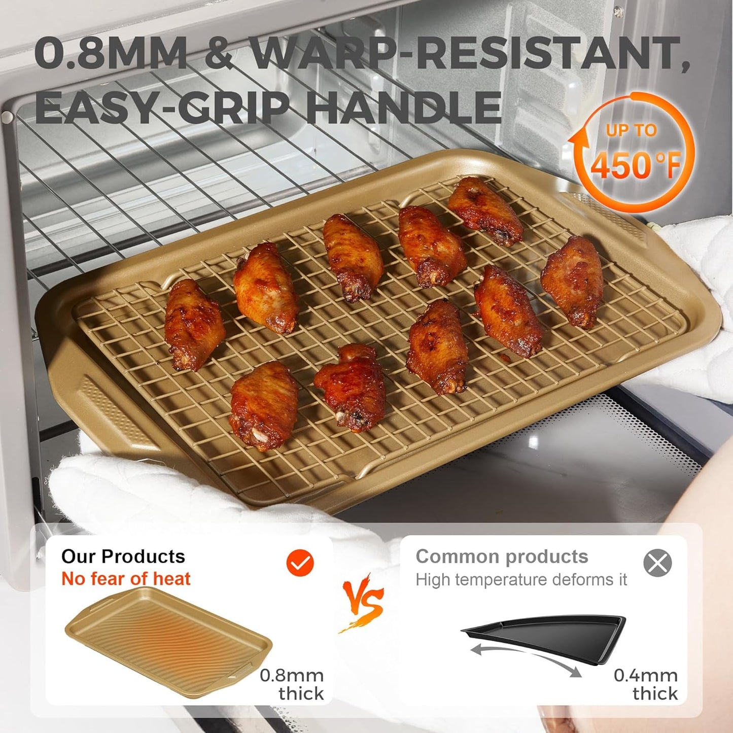 HONGBAKE 9-Piece Baking Pans Set with Wave Texture, 0.8mm Thick Bakeware Sets Non Stick, Includes Stackable Cookie Sheets for Oven Cooking, Cake Pan, Muffin Pan, Loaf Pan, Roasting Pan, Rack, Gold