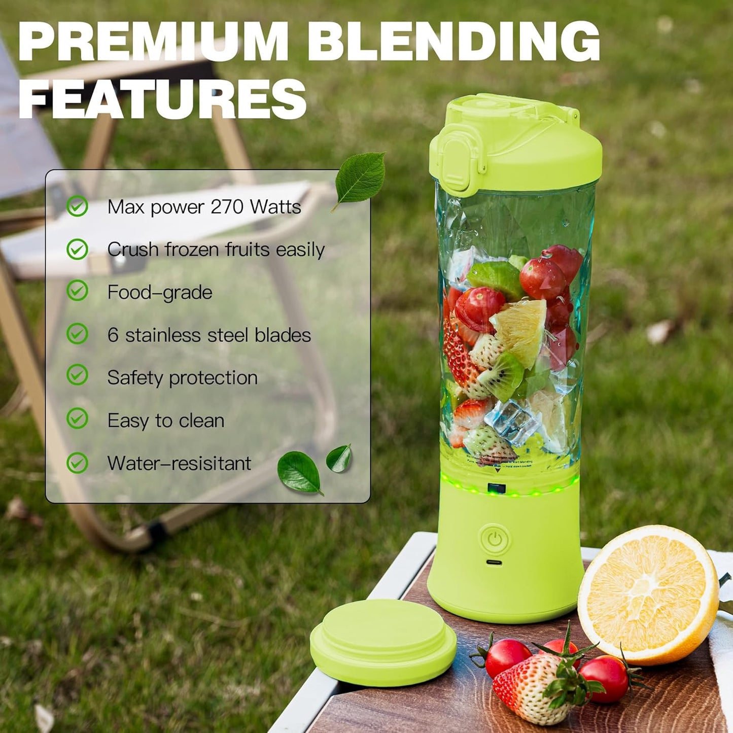 Portable Blender, 270W for Shakes & Smoothies - Waterproof, USB Rechargeable with 20 oz BPA-Free Cup & Travel Lid (Yellow, 20 oz)