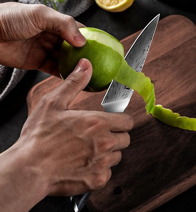 SHAN ZU Kitchen Paring Knife 4.5“ - Japanese Powder Steel 63 HRC Fruit Knife for Peeling & Coring Razor Sharp 12° Edge Vegetable Chopper with Pakkawood Handle