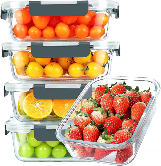 KOMUEE 30 oz 5 Pack Glass Meal Prep Containers, Glass Storage Containers with Lids - Dishwahser, Microwave, Oven and Freezer Safe