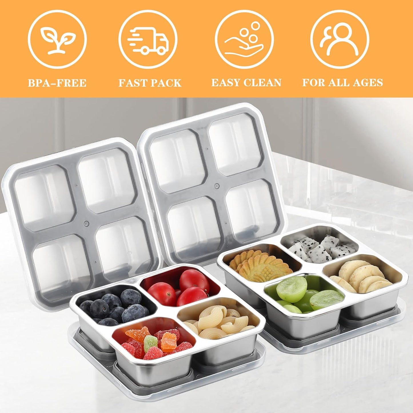 Stainless Steel Divided Plates, Kids Toddlers Babies Tray 4 Divided Compartments Snack Containers Bento Snack Box with Lid Reusable Meal Prep Lunch Box Food Storage Containers for Adults Travel Work