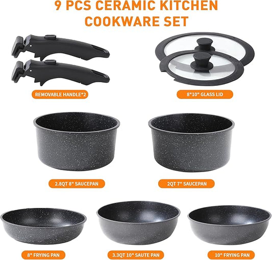 Ceramic Cookware Set 9 Pcs Pots and Pans Set with Detachable Handles Cooking Pan Saucepan Set Skillet Healthy Induction Cookware Oven Safe Dishwasher RV Kitchen Black