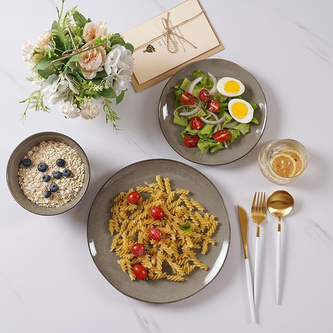 famiware Plates and Bowls Sets for 4, 12 Pieces Stoneware Dinnerware Sets, Dishes Set, Reactive Glaze Dishware Sets, Dishwasher & Microwave Safe, Tempus Series - Dark Olive