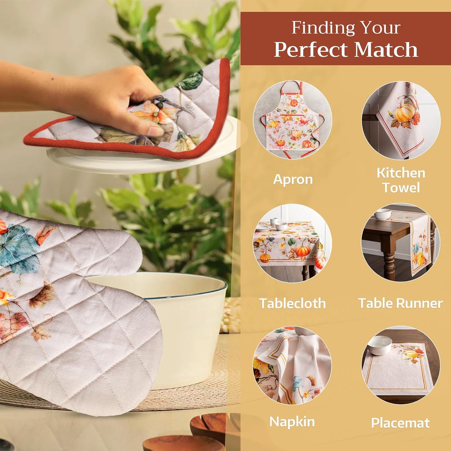 Maison d' Hermine 100% Cotton Oven Mitt & Pot Holder Set (7.5"x13" & 8"x8") Heat Resistant BBQ Cooking Gloves with Loop for Thanksgiving Christmas Decorations Handling Hot Pans (Potiron)