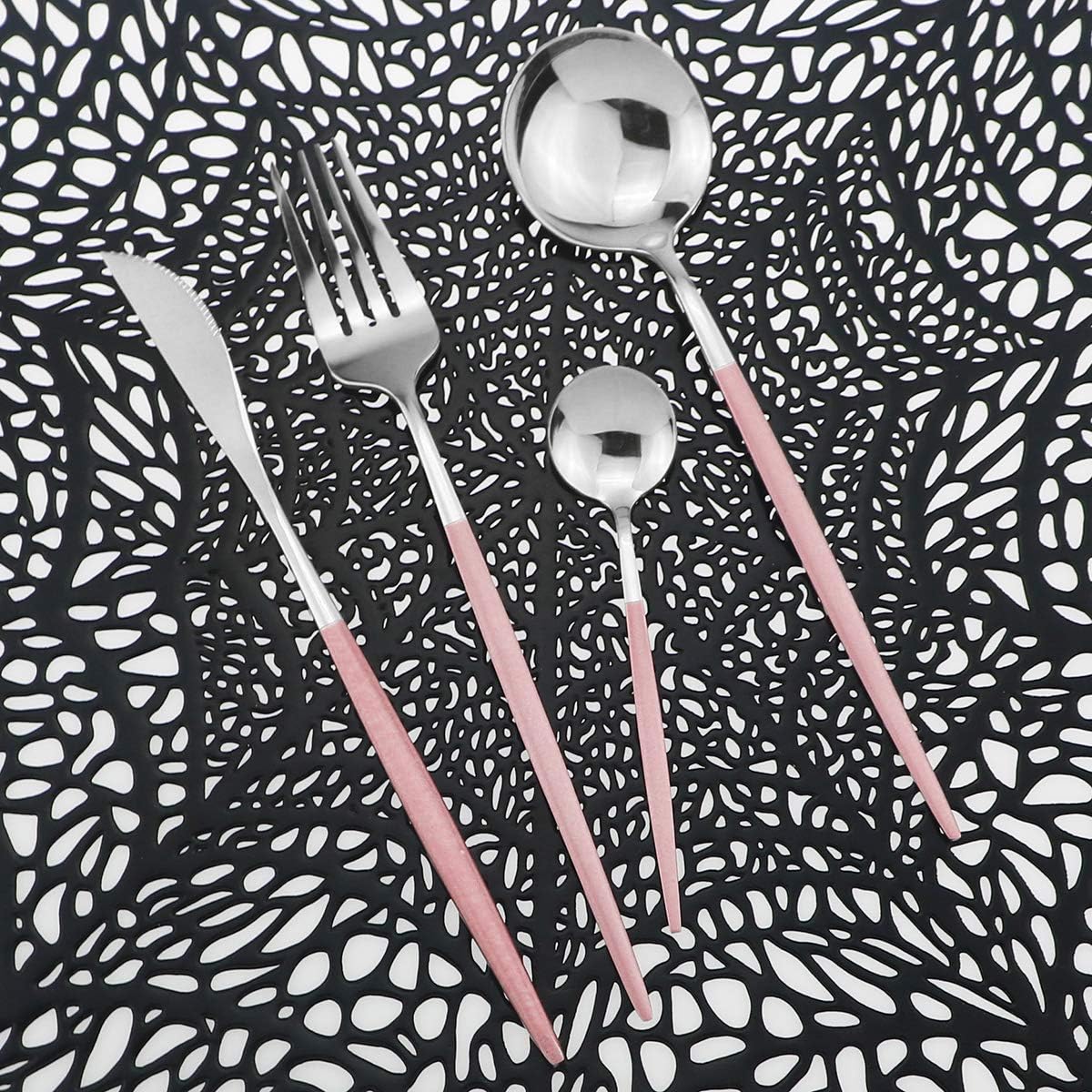 Mirror Silverware Set, 24-Piece Stainless Steel Shiny Flatware, Kitchen Utensil Set, Tableware Cutlery for Home and Restaurant, Dishwasher Safe (Pink Handle)