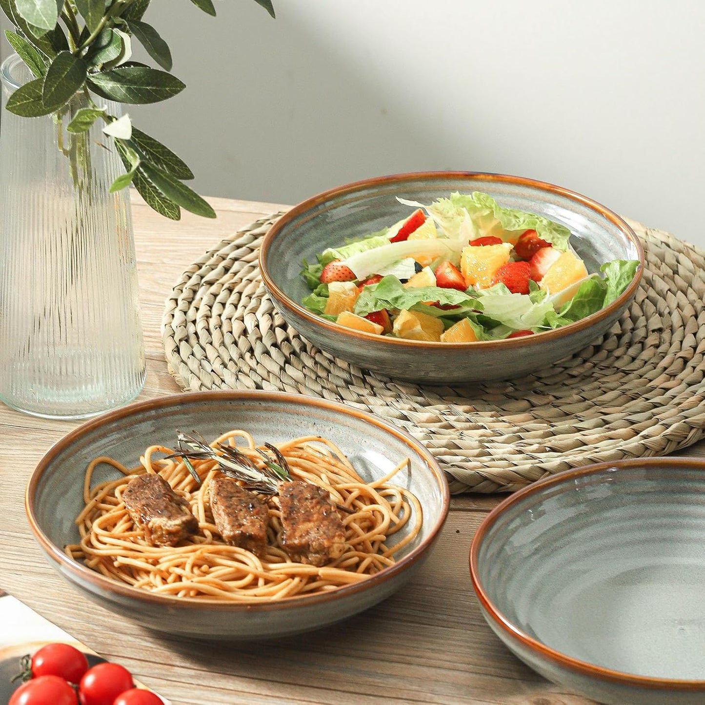 Hasense Pasta Bowls Set of 4, 32 Ounce Ceramic Serving Bowls for Kitchen, 8.7 Inch Shallow Serving Dishes for Salad, Pasta, Soup, Dishwasher & Microwave Safe, Light Grey