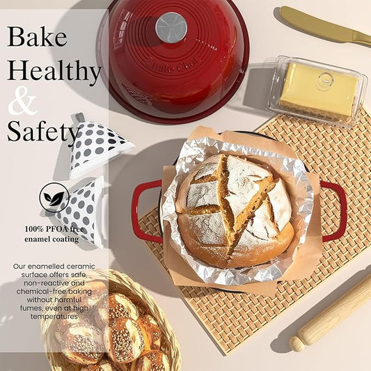 Enamelled Cast Iron Dutch Oven Pot – Dutch Oven Pot with Lid For Sourdough Bread Baking – Cast Iron Bread Oven – Red, Umite Chef 6QT Pot with Lid & Cotton Potholders
